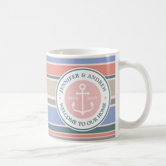 Anker monogram rendy stripes roze neautisch strand koffiemok (Rechts)