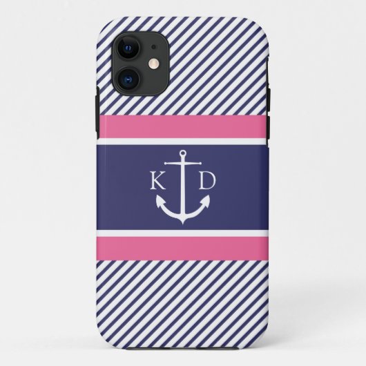 Anker & Nautical Stripes & Monogram Navy & Roze Case-Mate iPhone Case (Achterkant)