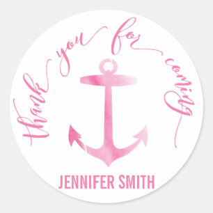 Anker Nautische Waterverf Dank u roze Ronde Sticker