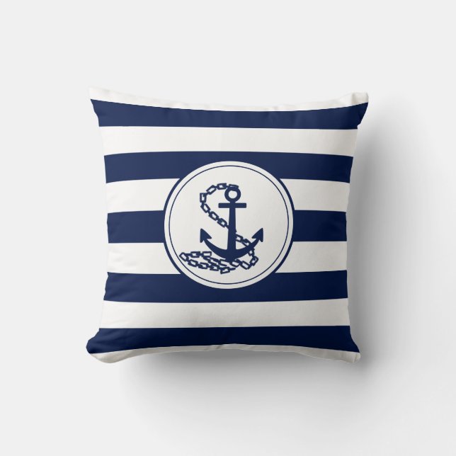 Anker op de Nautical Blue and White Stripes Sailor Kussen (Voorkant)
