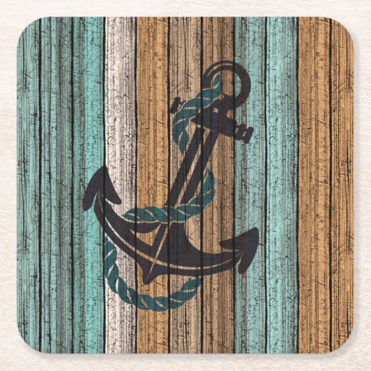 Anker Op Patroon Van Verweerde Houten Planken Vierkante Kartonnen Onderzetter (Voorkant)