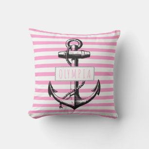 anker op roze gestreepte patroon nautisch buitenkussen