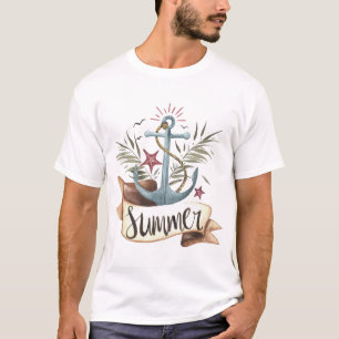 Anker Palmblad Vogels Zeester Typografie Zomer T-shirt