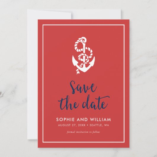 Anker Rood en Blauw Script Save the Date (Voorkant)