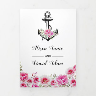  anker roze bloemen nautisch huwelijk drieluik uitnodiging