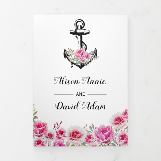  anker roze bloemen nautisch huwelijk drieluik uitnodiging (Cover)