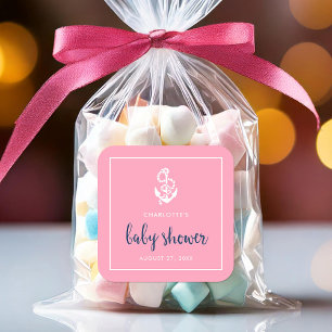 Anker Roze en Blauw Script Baby shower Vierkante Sticker