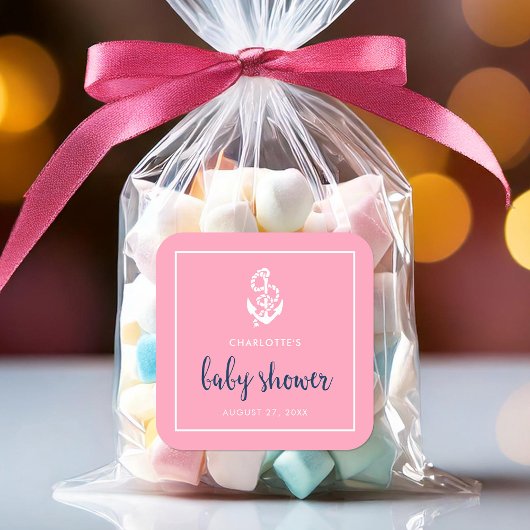 Anker Roze en Blauw Script Baby shower Vierkante Sticker