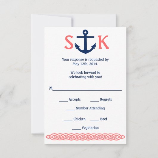 Anker RSVP kaart voor zeilers in marineblauw en ko (Voorkant)