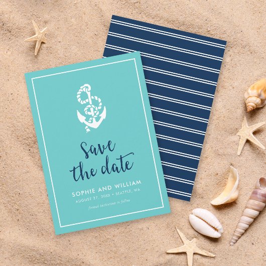 Anker Turquoise en Blauwe Script Bewaar de Datum Save The Date
