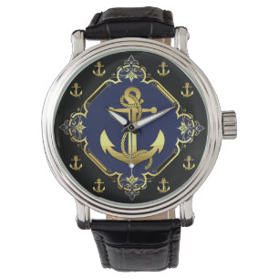 Anker/wiel/goud/zwart/marine Horloge