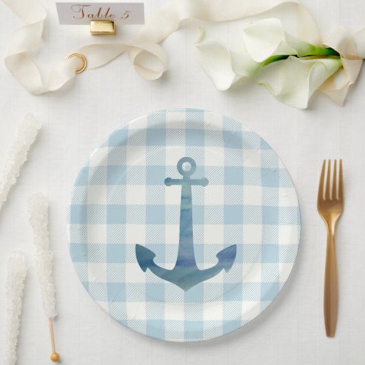 Anker Zeilboot Nautisch Blauw Gingham Check Papieren Bordje (Huwelijk)