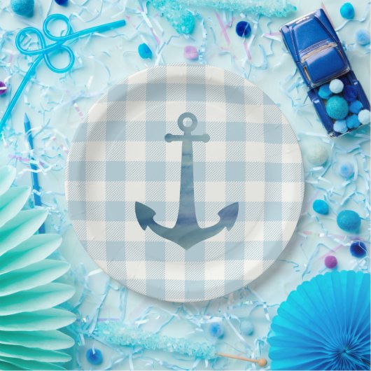 Anker Zeilboot Nautisch Blauw Gingham Check Papieren Bordje (Feest)