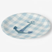 Anker Zeilboot Nautisch Blauw Gingham Check Papieren Bordje (Gekanteld)