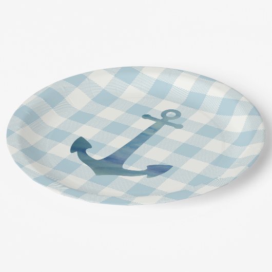 Anker Zeilboot Nautisch Blauw Gingham Check Papieren Bordje (Gekanteld)