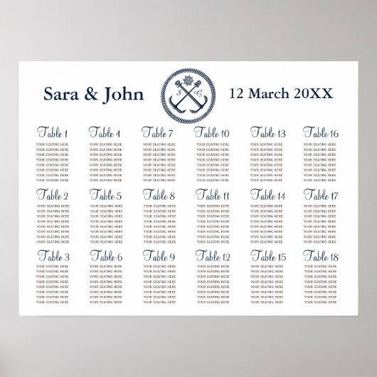 Ankermonogrammen, Nautical bruiloft Seating Chart Poster (Voorkant)