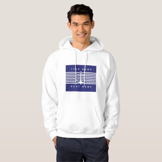 Ankerontwerp in marineblauw met witte streep kap hoodie (Voorkant volledig)