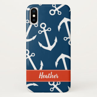 Ankerpatroon in marineblauw met nautisch monogram iPhone x hoesje