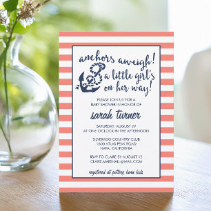 Ankers Aweigh! Coral Nautical Girl Baby shower Kaart
