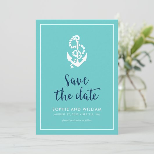 Ankerturquoise en blauw Manuscript sparen de Datum Save The Date (Staand voorkant)