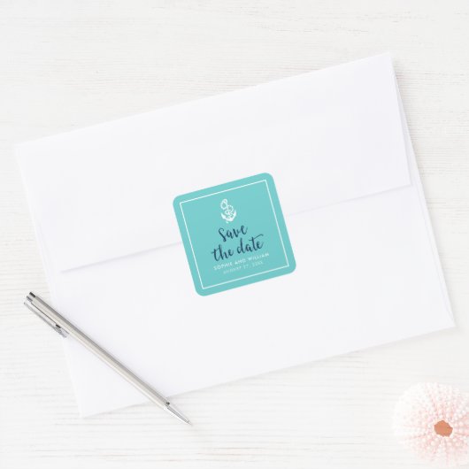 Ankerturquoise en blauw Manuscript sparen de Datum Vierkante Sticker (Envelop)