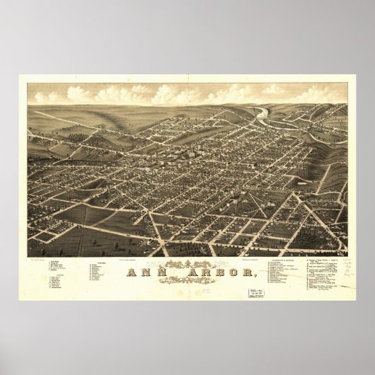 Ann Arbor Michigan 1880 Antiek Panorama Poster (Voorkant)