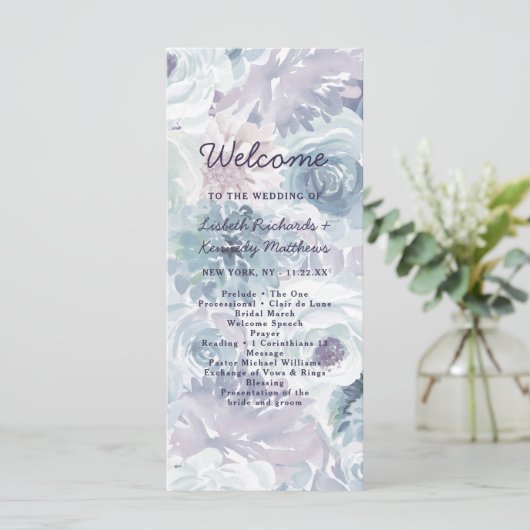 Annabelle  Blauw Bloemen Huwelijksceremonie Programma (Staand voorkant)