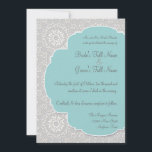 AnnaLiese Peacock Damask - Invitation Aqua Blue Gr<br><div class="desc">Une invitation élégante et colorée pour la mariée qui penche vers le moderne et contemporain avec une petite touche de tradition. Le motif damassé blanc a une allure dentelle et le centre de quatrefoil est décalé et amusant! Bleu, gris et blanc est un très beau mélange de couleurs romantiques. Sur...</div>