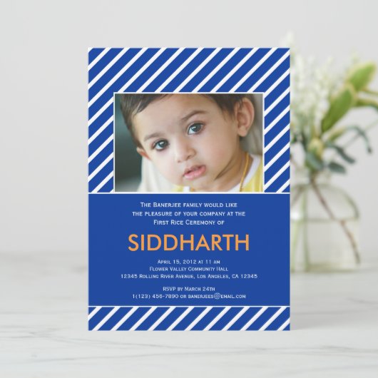 Annaprashan rayé (Premier Riz) Invitation bleue (Debout devant)