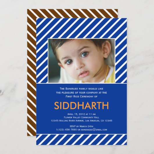 Annaprashan rayé (Premier Riz) Invitation bleue (Devant / Derrière)