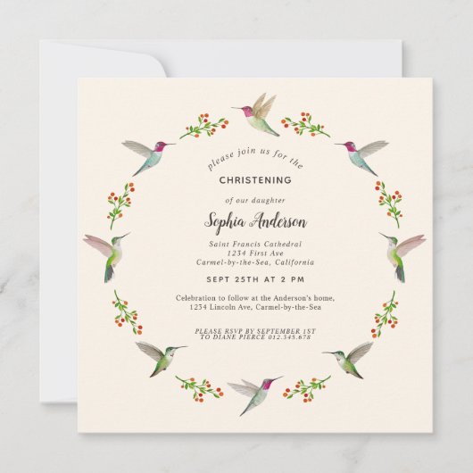 Anna's Hummingbirds Christening Invitation (Devant)