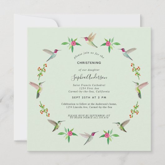 Anna's Hummingbirds Christening Invitation (Devant)