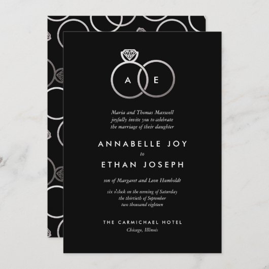 Anneaux d'argent moderne Faire-part de mariage noi (Devant / Derrière)