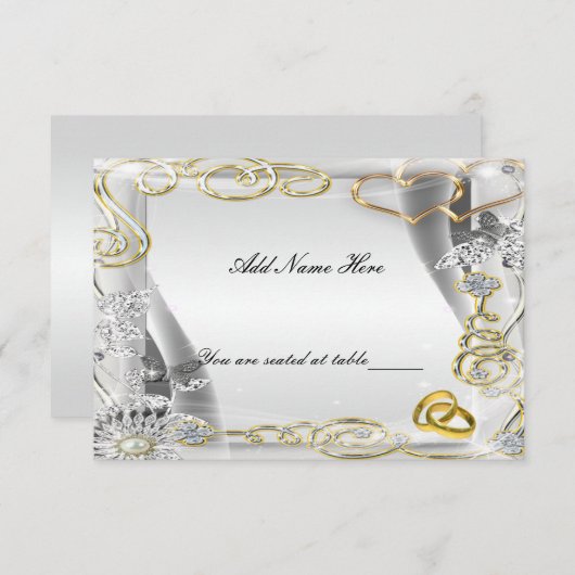 Anneaux de mariage en or et carte de table coeurs (Devant / Derrière)