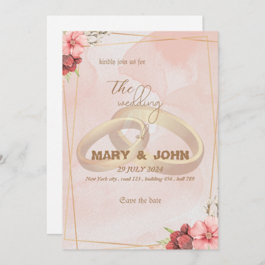 Anneaux dorés et élégance florale - Invitation chi (Devant / Derrière)