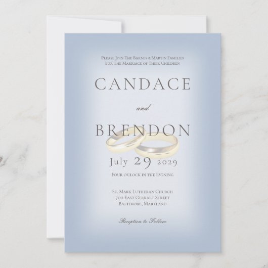 Anneaux Mariage or sur Faire-part de mariage bleu (Devant)