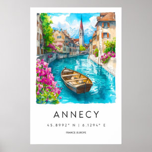Annecy Aquarel Vintage Reis Skigebied Nationaal Poster
