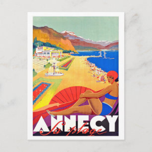 Annecy-kustlijn, meisje op een strand, vintage ans briefkaart