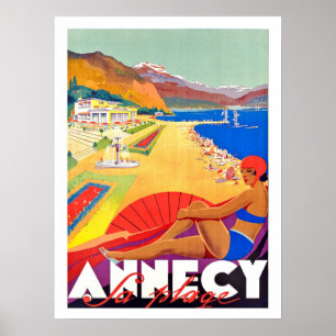 Annecy-kustlijn, meisje op het strand, vintage pos poster