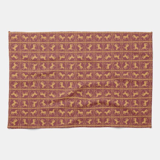 Année du cheval Maroon et serviette de cuisine or (Horizontal)