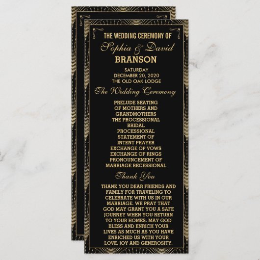 Années 20 Art Déco Great Gatsby Wedding Programme (Devant / Derrière)