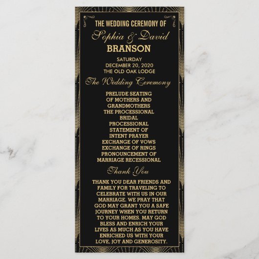 Années 20 Art Déco Great Gatsby Wedding Programme (Devant)