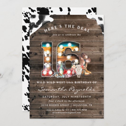 Anniversaire 16 ans | Wild West Cowboy Invitation (Devant / Derrière)