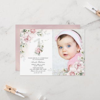 Anniversaire 1 an | Invitation Rose Floral Girls