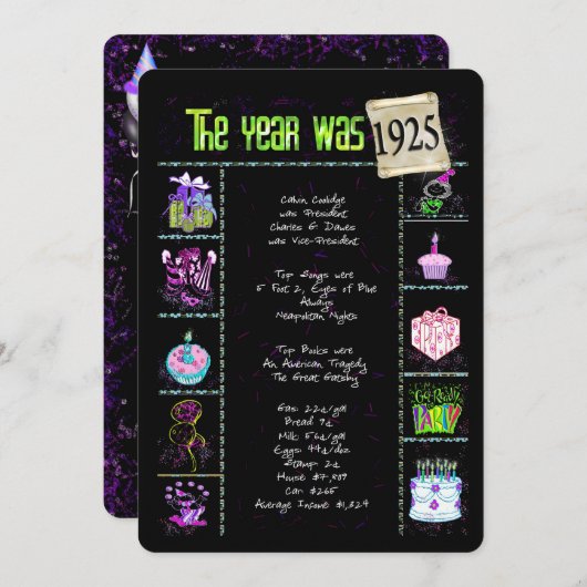 Anniversaire Année 1925 Invitation (Devant / Derrière)