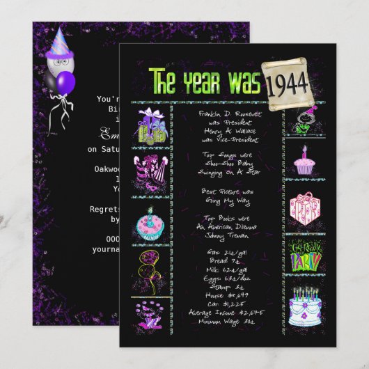 Anniversaire Année 1944 Invitation (Devant / Derrière)