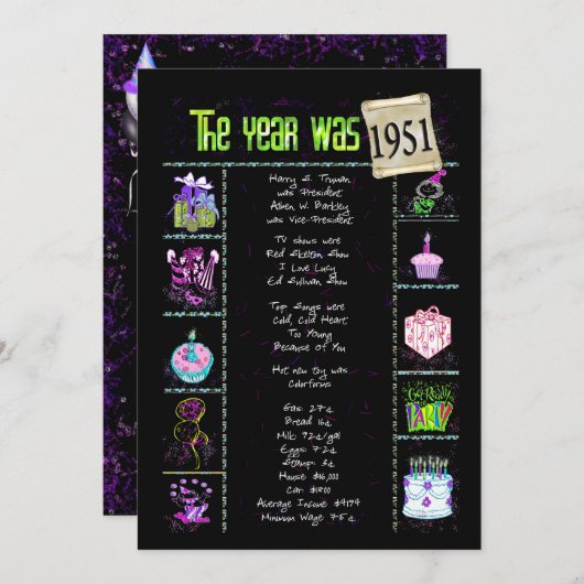 Anniversaire Année 1951 Invitation (Devant / Derrière)