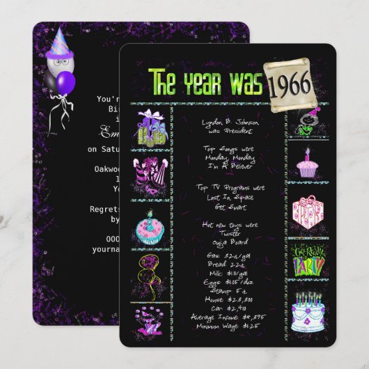 Anniversaire Année 1966 Invitation (Devant / Derrière)
