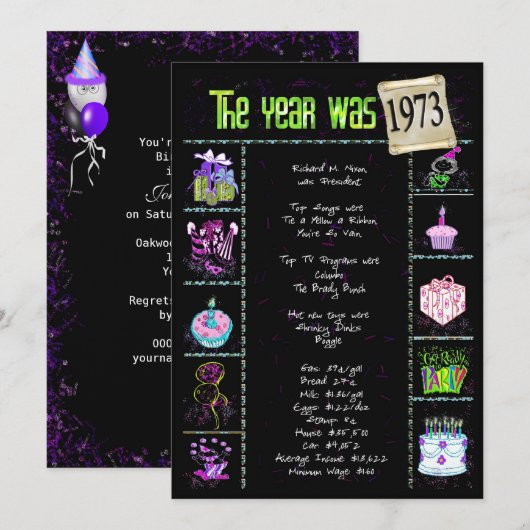 Anniversaire Année 1973 Invitation (Devant / Derrière)