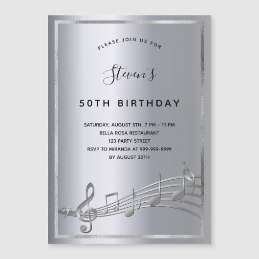 Anniversaire argent notes musique invitation aiman (Devant)